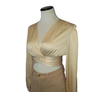 CIDER Cream Satin Long Peasent Sleeve Wrap Around Tie‎ Vneck Blouse Women's M
